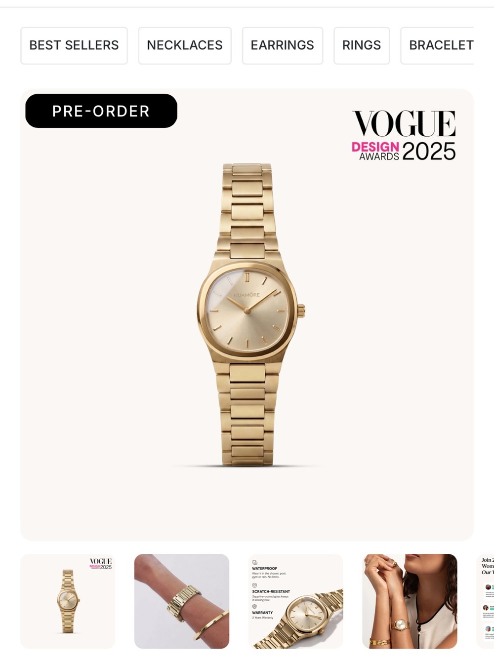 Nuamōre Waterproof Gold Women's Watch - Classic Round Dial with date window - Picture 2 of 3